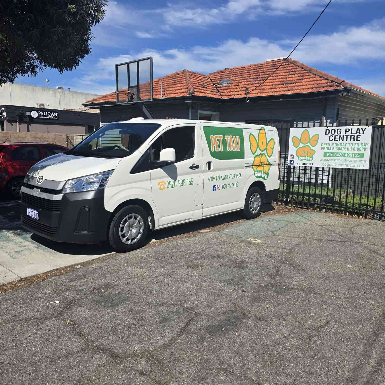 Dog Play Centre Perth pet taxi van parked outside the daycare facility
